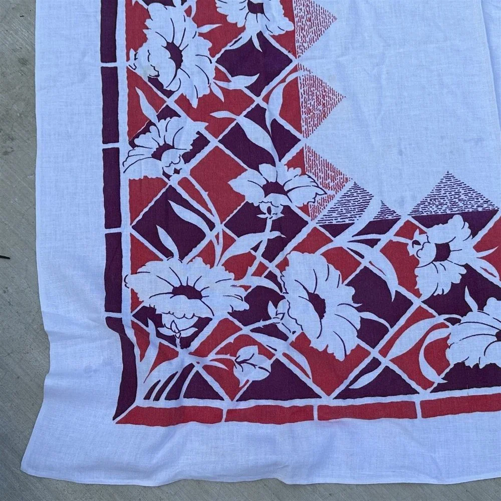 Vintage Tablecloth Tropical Flowers Purple Pink Farmhouse Square